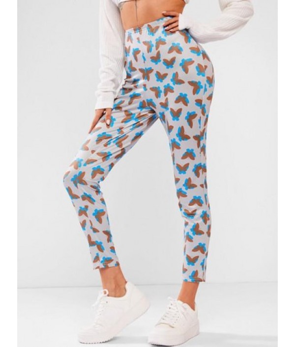 Elastic Waist Butterfly Print Stretchy L...