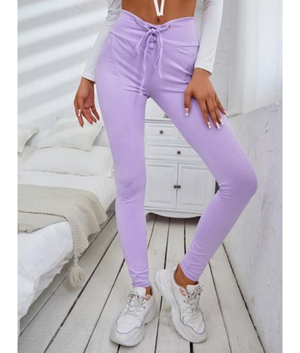 Solid Lace Up High Waisted Leggings