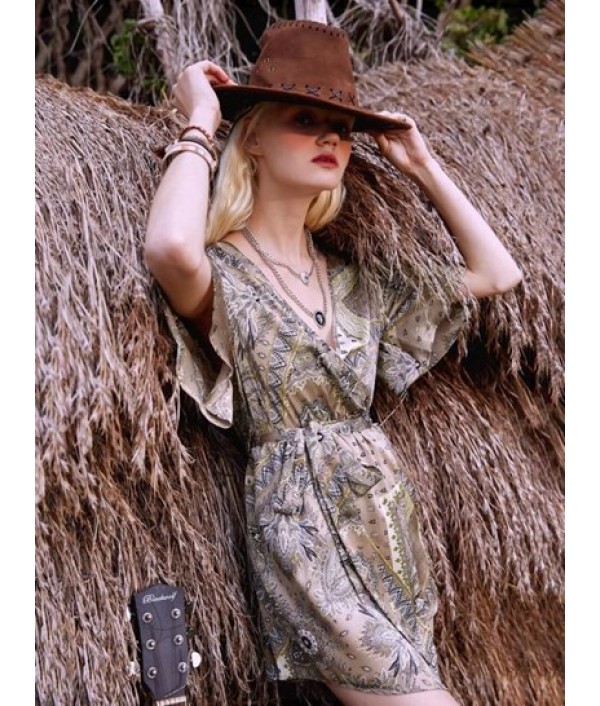 Open Back Belted Bandana Print Surplice ...