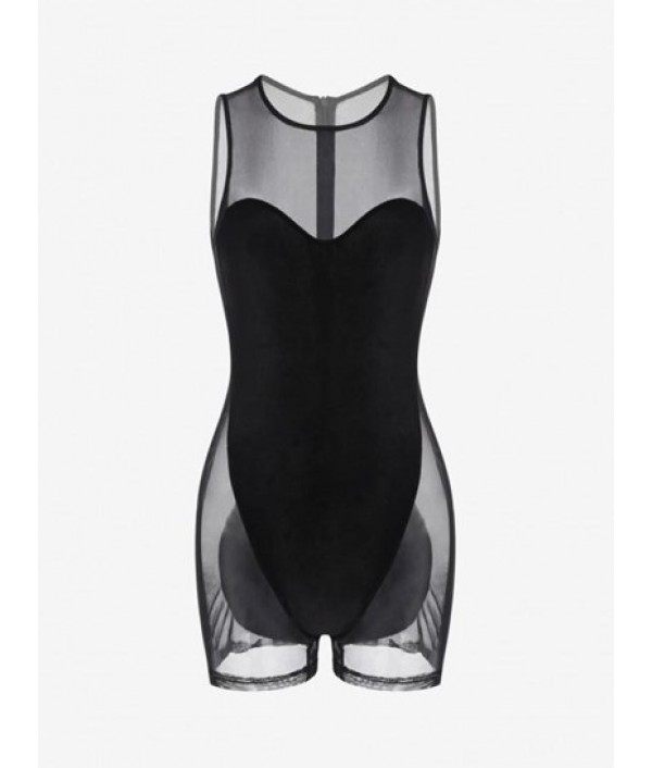 Back Zipper Mesh Panel Velvet Unitard Ro...