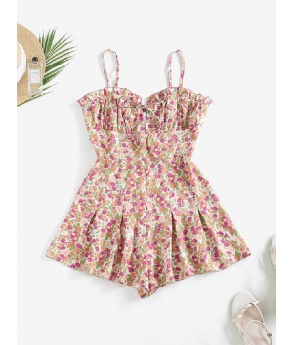 Floral Print Ruffle Pleated Detail Rompe...
