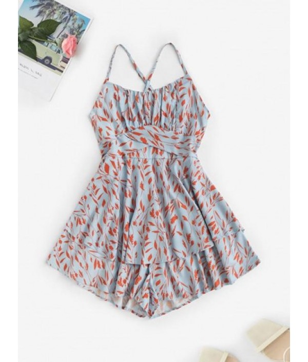 Tie Waist Criss Cross Back Leaves Print ...