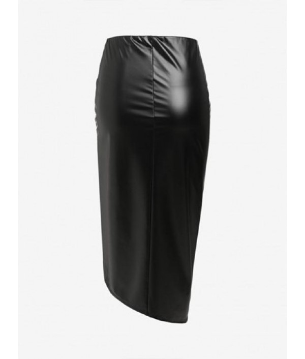 Ruched PU Leather Front Slit Midi Skirt Ruched PU Leather Front Slit Midi Skirt