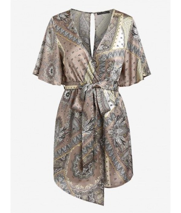 Open Back Belted Bandana Print Surplice Romper Open Back Belted Bandana Print Surplice Romper