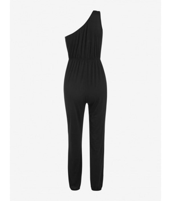 Contrast Drawstring One Shoulder Pocket Jumpsuit Contrast Drawstring One Shoulder Pocket Jumpsuit