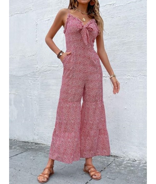 Ditsy Print Tie Front Frilled Wide Leg Jumpsuit Ditsy Print Tie Front Frilled Wide Leg Jumpsuit