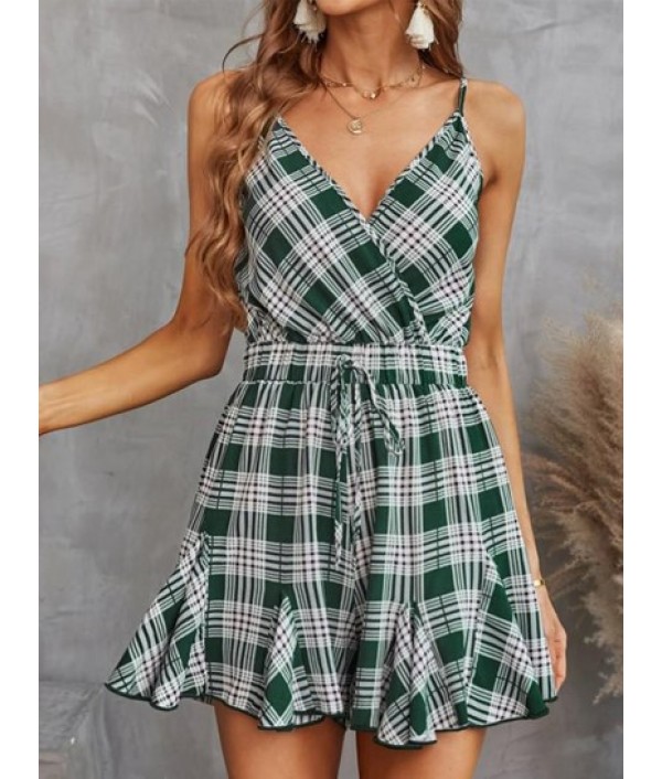 Plaid Backless Wide Leg Godet Romper Plaid Backless Wide Leg Godet Romper