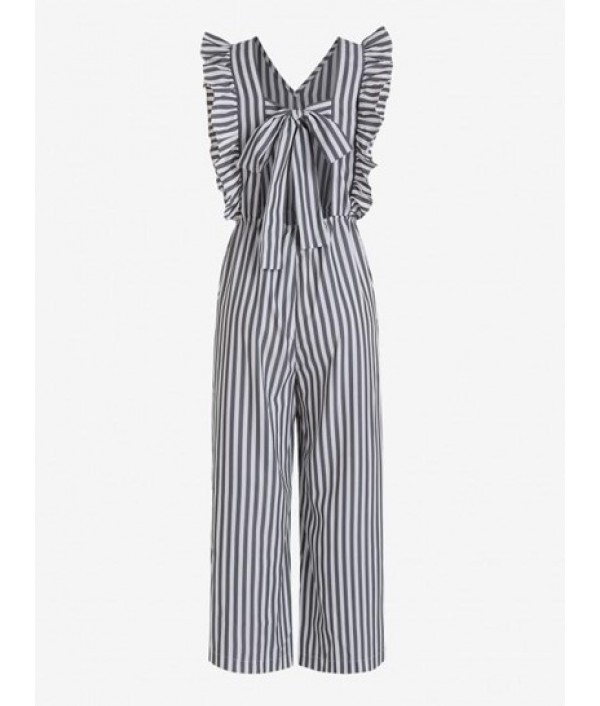 Tie Open Back Stripes Ruffles Wide Leg Jumpsuit Tie Open Back Stripes Ruffles Wide Leg Jumpsuit