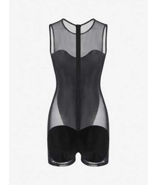 Back Zipper Mesh Panel Velvet Unitard Romper Back Zipper Mesh Panel Velvet Unitard Romper