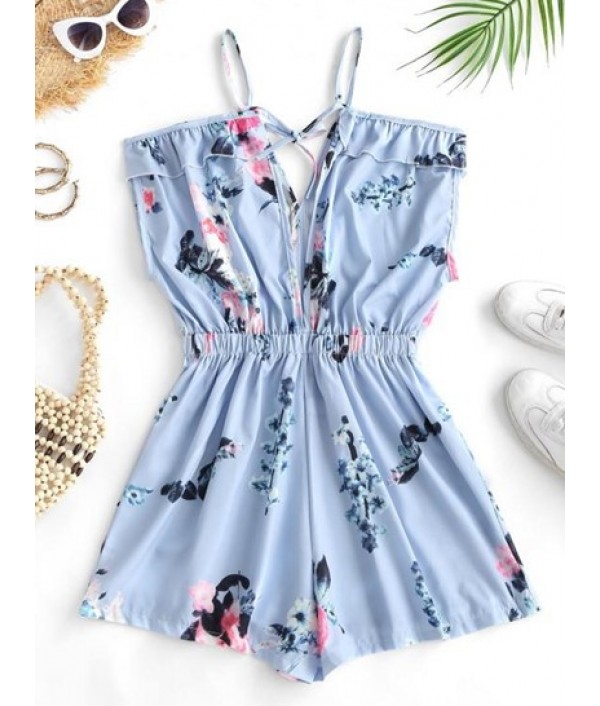 Floral Ruffle Cutout Back Cold Shoulder Romper Floral Ruffle Cutout Back Cold Shoulder Romper