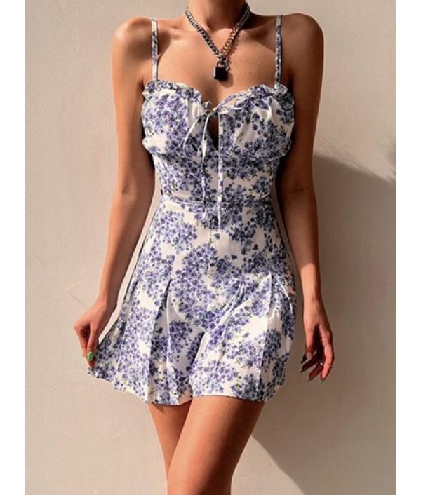Tiny Floral Tie Collar Frilled Cami Romper