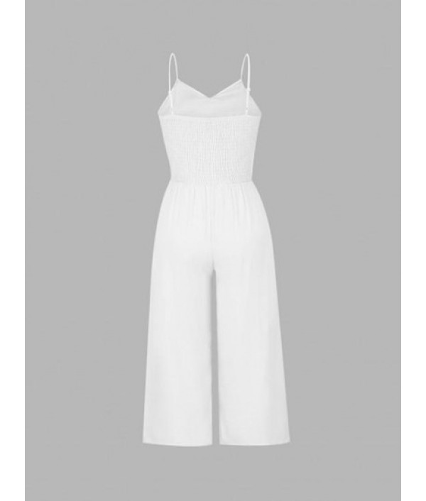 Tie Front Cut Out Shirred Back Wide Leg Jumpsuit Tie Front Cut Out Shirred Back Wide Leg Jumpsuit