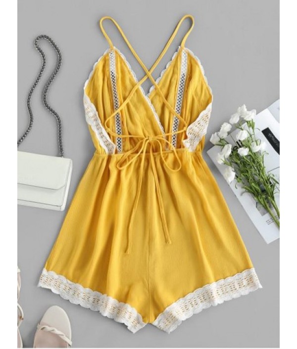Lace Insert Hollow Out Crisscross Backless Romper Lace Insert Hollow Out Crisscross Backless Romper