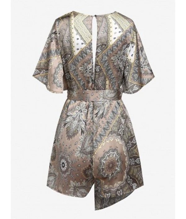 Open Back Belted Bandana Print Surplice Romper Open Back Belted Bandana Print Surplice Romper