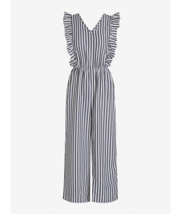 Tie Open Back Stripes Ruffles Wide Leg Jumpsuit Tie Open Back Stripes Ruffles Wide Leg Jumpsuit