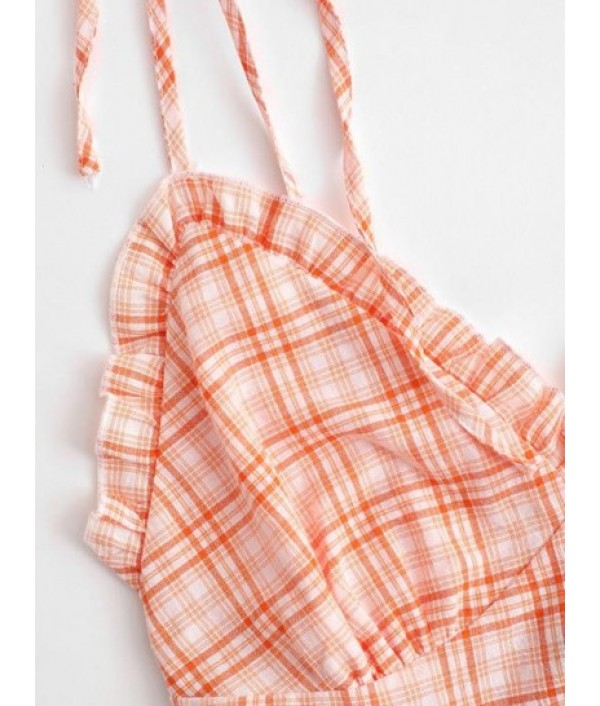 Gingham Cinched Ruffle Backless Romper Gingham Cinched Ruffle Backless Romper