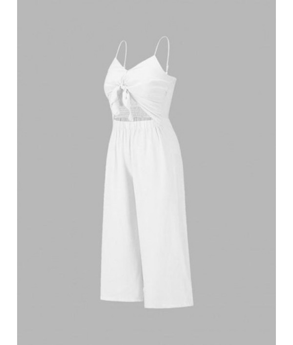 Tie Front Cut Out Shirred Back Wide Leg Jumpsuit Tie Front Cut Out Shirred Back Wide Leg Jumpsuit