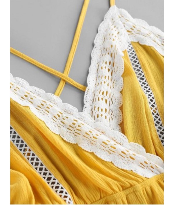 Lace Insert Hollow Out Crisscross Backless Romper Lace Insert Hollow Out Crisscross Backless Romper