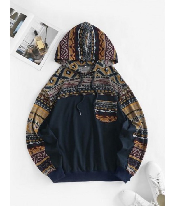 Front Pocket Drawstring Ethnic Printed Hoodie