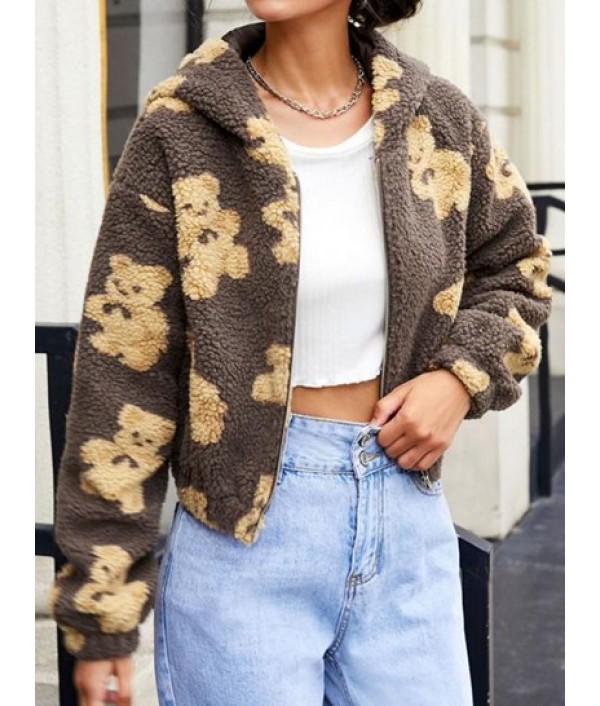 Faux Shearling Funny Bear Fluffy Zip Hoodie