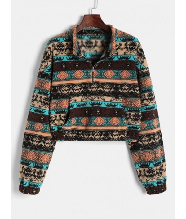 Half Zip Ethnic Graphic Faux Shearling S...