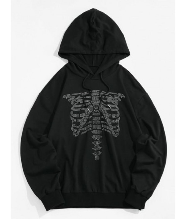 Halloween Abstract Skeleton Graphic Slouchy Drawstring Hoodie