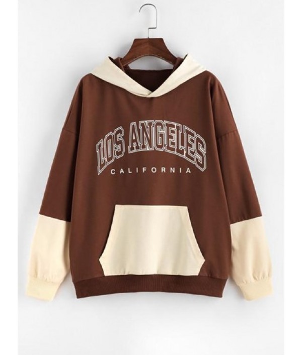 Drop Shoulder Colorblock Letter Print Hoodie