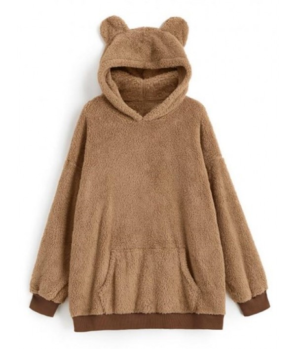 Faux Fur Bear Ear Pocket Fluffy Tunic Hoodie