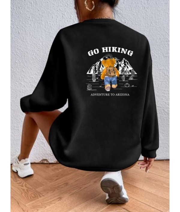 Hiking Bear Print Pullover Sweatshirt