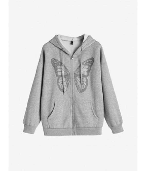 Pockets Zip Up Butterfly Rhinestones Hoo...