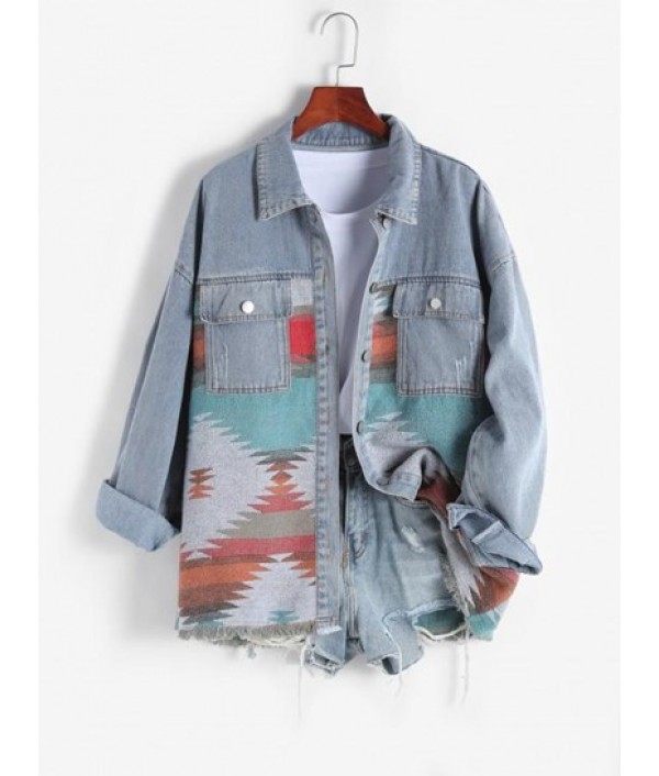 Ethnic Printed Denim Panel Loose Jacket