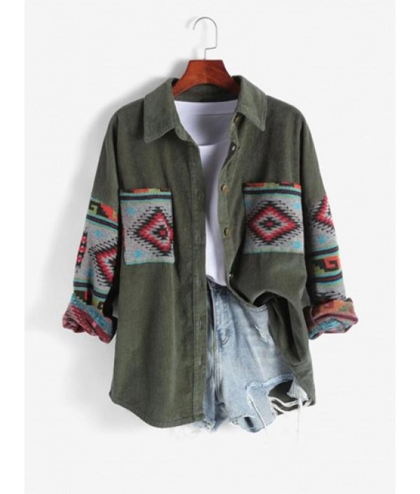 Ethnic Aztec Printed Corduroy Shacket