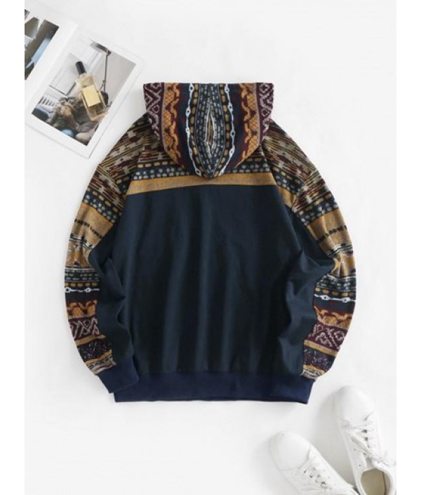 Front Pocket Drawstring Ethnic Printed Hoodie