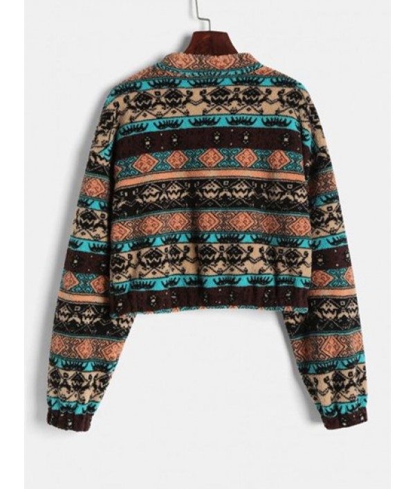 Half Zip Ethnic Graphic Faux Shearling Sweatshirt