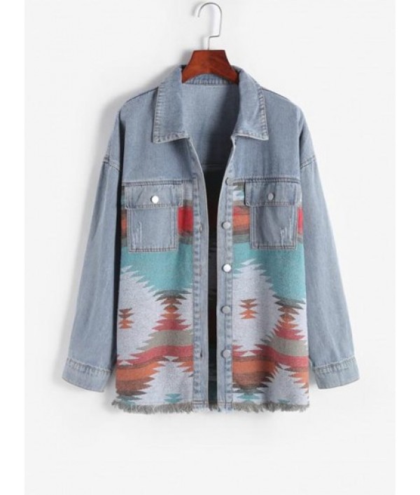 Ethnic Printed Denim Panel Loose Jacket Ethnic Printed Denim Panel Loose Jacket
