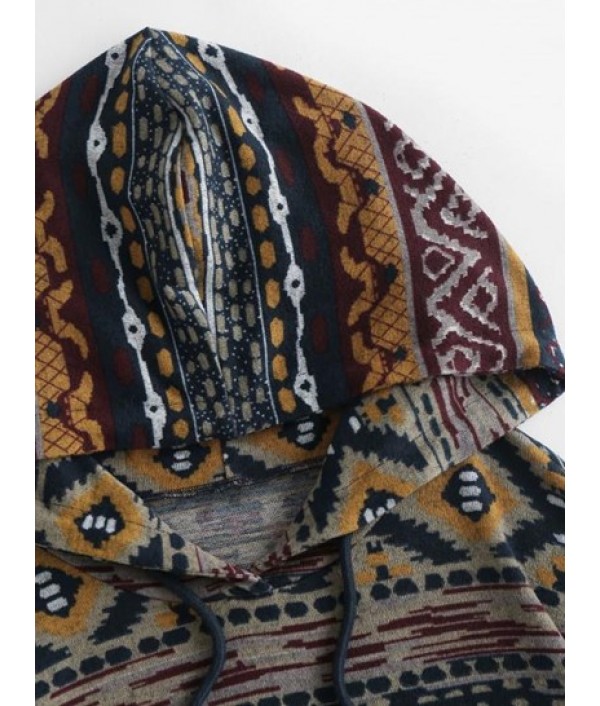 Front Pocket Drawstring Ethnic Printed Hoodie