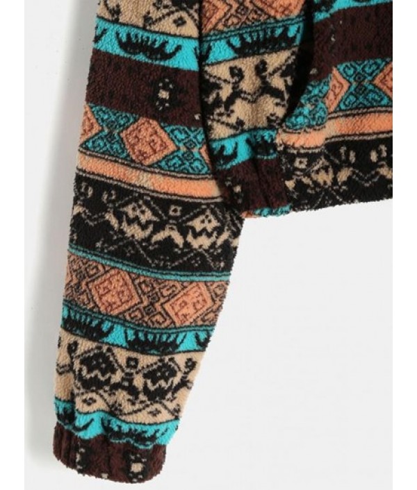 Half Zip Ethnic Graphic Faux Shearling Sweatshirt