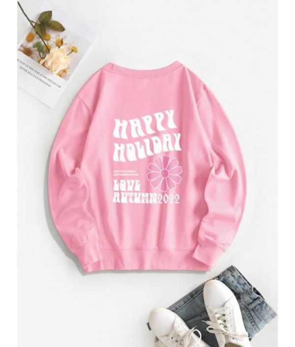 Crewneck HAPPY HOLIDAY Floral Graphic Sweatshirt Crewneck HAPPY HOLIDAY Floral Graphic Sweatshirt