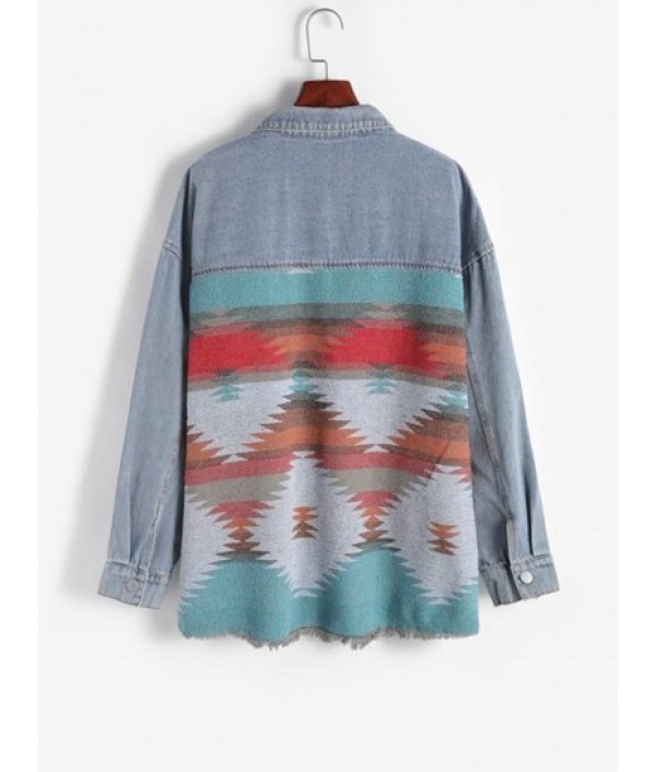 Ethnic Printed Denim Panel Loose Jacket Ethnic Printed Denim Panel Loose Jacket