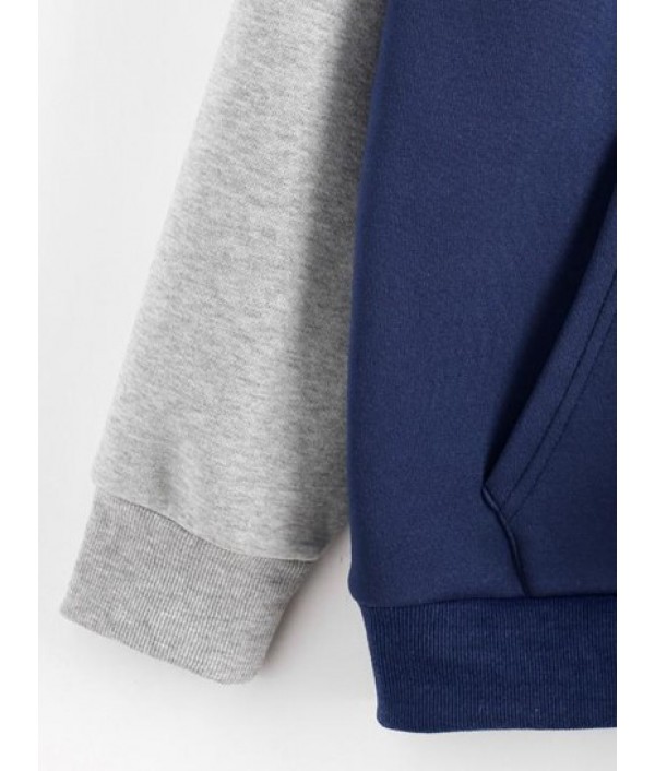 Colorblock Letter Embroidered Zip Up Hoodie