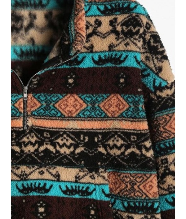 Half Zip Ethnic Graphic Faux Shearling Sweatshirt