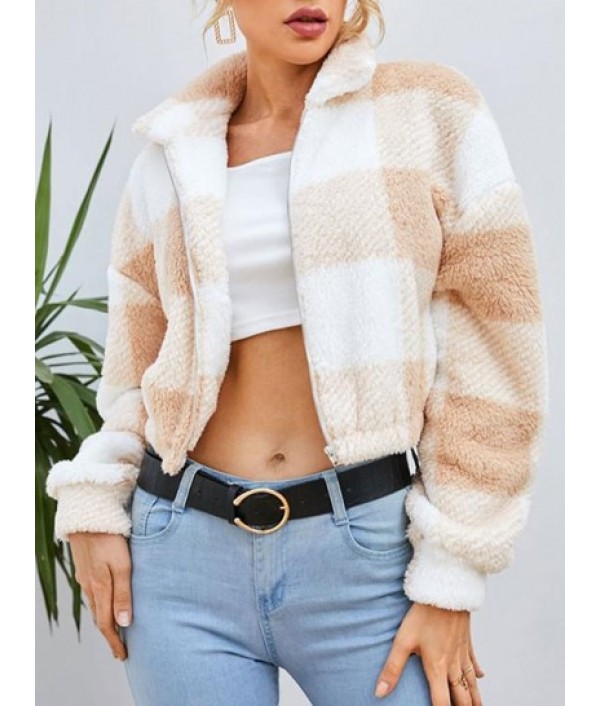 Zip Up Plaid Fluffy Teddy Jacket