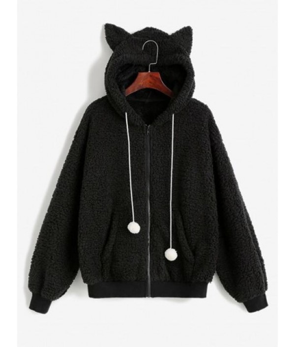 Hooded Faux Shearling Pompom Zip Teddy C...