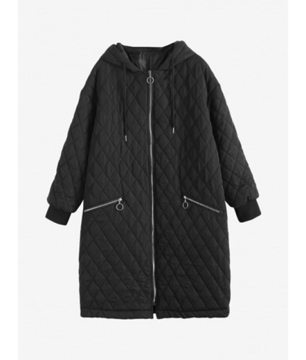 Long Hooded Zippered Pockets Quilted Coa...