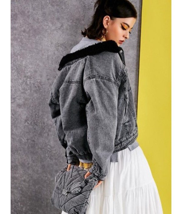 Faux Shearling Lined Pocket Zip Denim Jacket