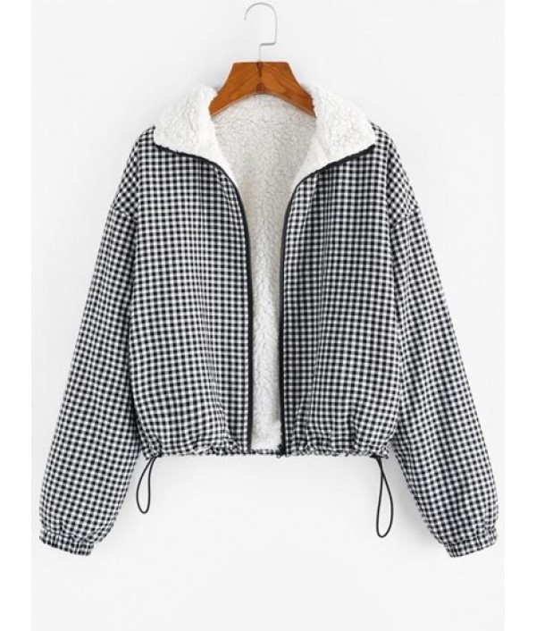 Gingham Drop Shoulder Faux Fur Lining Co...