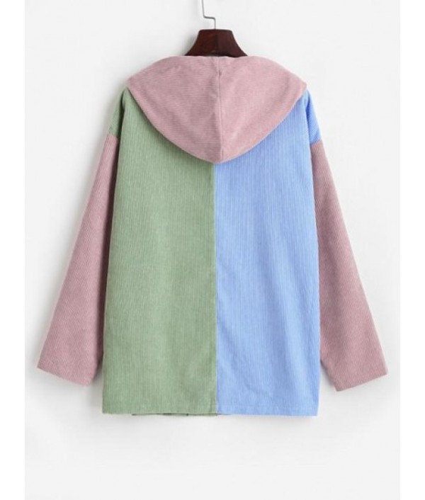 Hooded Corduroy Color Blocking Zip Pocket Coat Hooded Corduroy Color Blocking Zip Pocket Coat