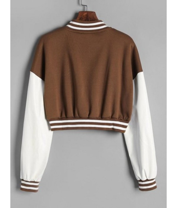 Cropped Fleece-lined Faux Leather Sleeve Baseball Jacket Cropped Fleece-lined Faux Leather Sleeve Baseball Jacket