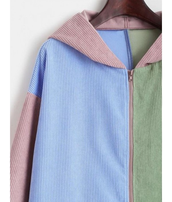 Hooded Corduroy Color Blocking Zip Pocket Coat Hooded Corduroy Color Blocking Zip Pocket Coat