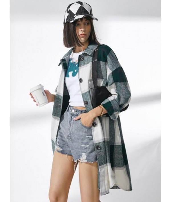 Plaid Front Pocket Wool Blend Coat Plaid Front Pocket Wool Blend Coat